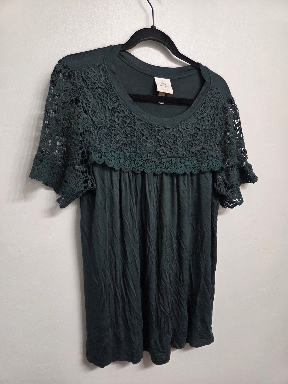 Dark Green Crochet Yoke Short Sleeve Top